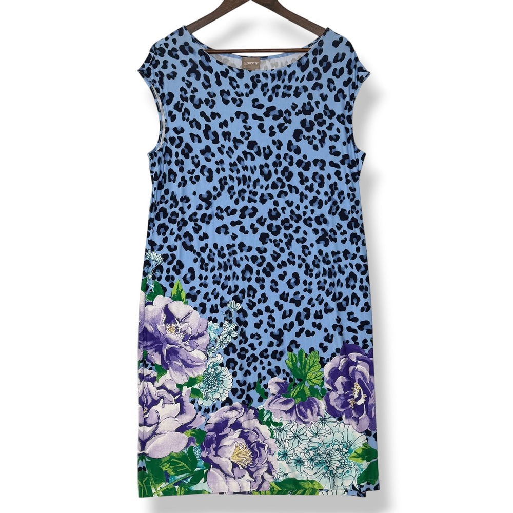 NWT Chico's Carlie Boat Neck Dress 2 L Blue Leopard Floral Knit Soft Stretch